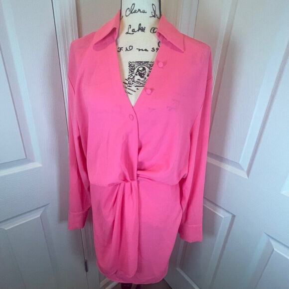 ESSENTIEL ANTWERP MINI DRESS DORSEY TWIST FRONT COLLARED DRAPED SZ 6 HOT PINKC - Picture 6 of 16